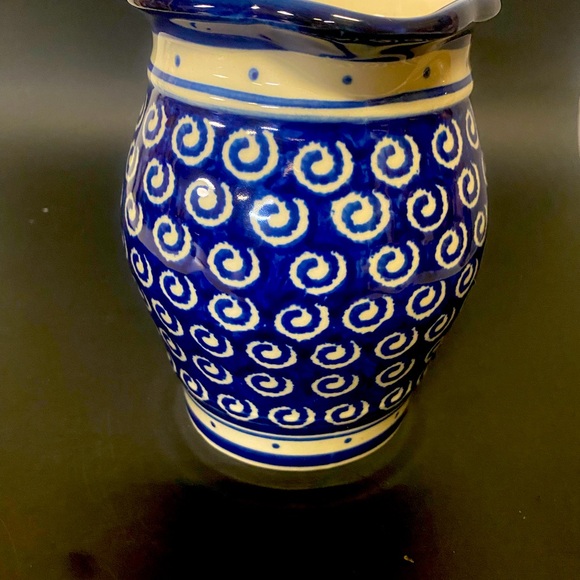 Polish Pottery Cobalt Blue & White Swirls Pitcher - Picture 5 of 10